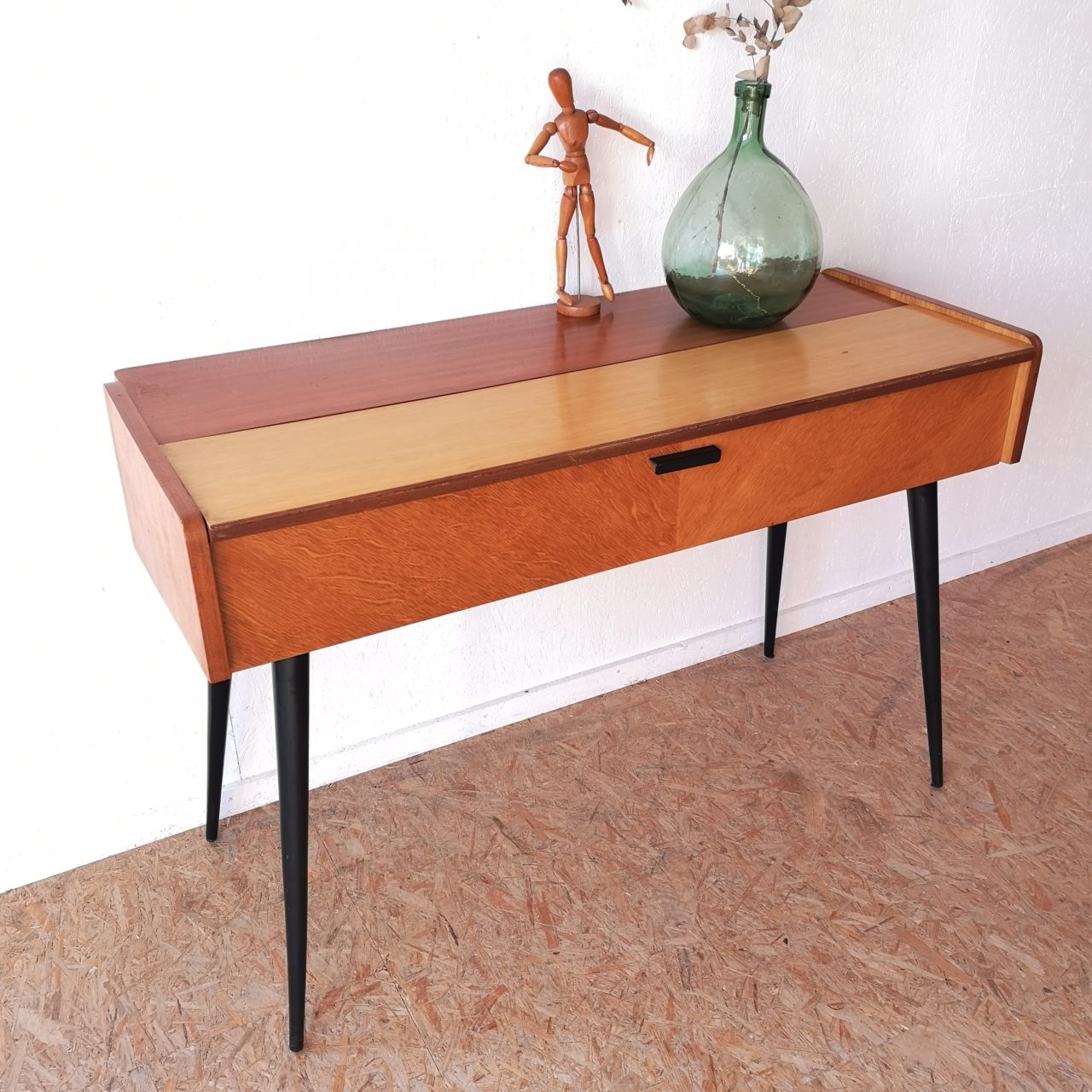 Console bureau chêne et bois exotique vintage Côte & Vintage