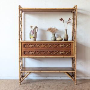 Etagère vintage chêne, rotin et bambou